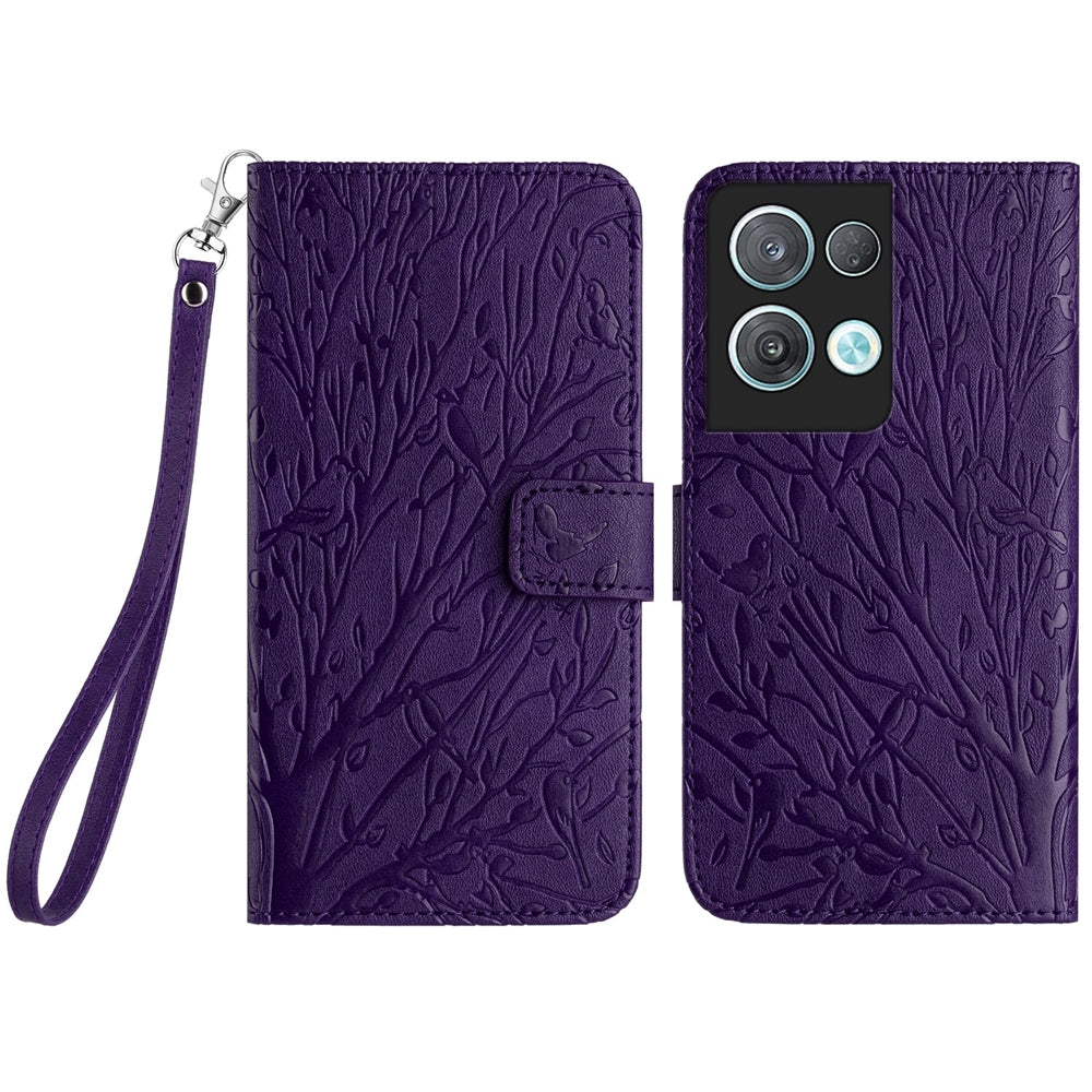 OPPO Reno8 Pro Embossed Leather Phone Case with Tree Birds Pattern, Hand Strap, Card Holder & Adjustable Stand - Shockproof Wallet Cover