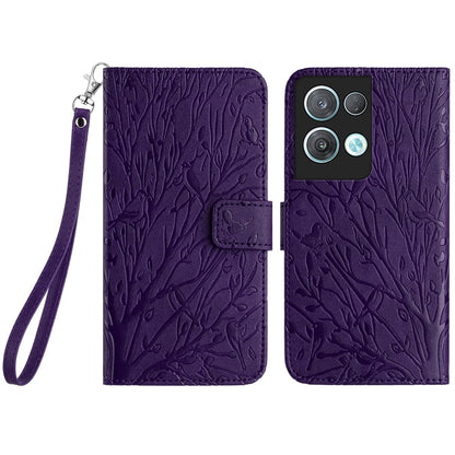 OPPO Reno8 Pro Embossed Leather Phone Case with Tree Birds Pattern, Hand Strap, Card Holder & Adjustable Stand - Shockproof Wallet Cover