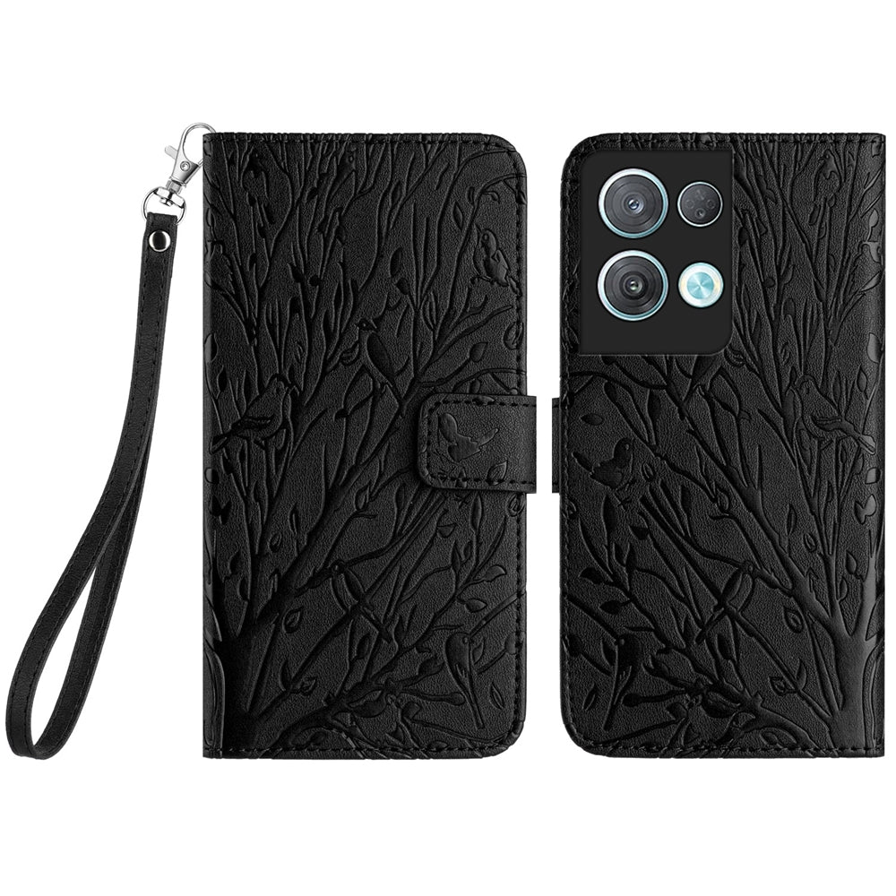 OPPO Reno8 Pro Embossed Leather Phone Case with Tree Birds Pattern, Hand Strap, Card Holder & Adjustable Stand - Shockproof Wallet Cover