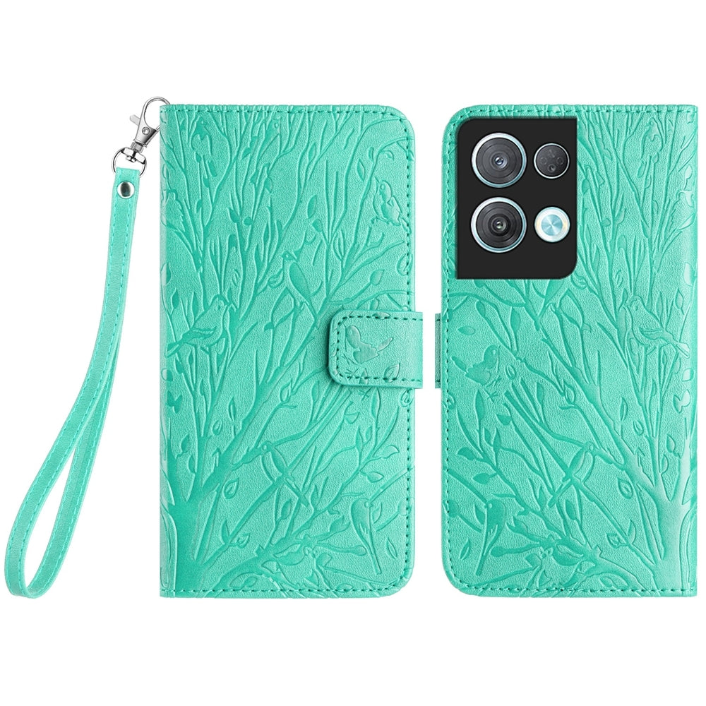 OPPO Reno8 Pro Embossed Leather Phone Case with Tree Birds Pattern, Hand Strap, Card Holder & Adjustable Stand - Shockproof Wallet Cover