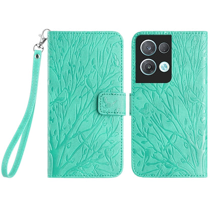OPPO Reno8 Pro Embossed Leather Phone Case with Tree Birds Pattern, Hand Strap, Card Holder & Adjustable Stand - Shockproof Wallet Cover