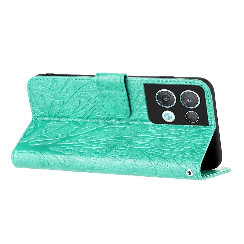 OPPO Reno8 Pro Embossed Leather Phone Case with Tree Birds Pattern, Hand Strap, Card Holder & Adjustable Stand - Shockproof Wallet Cover