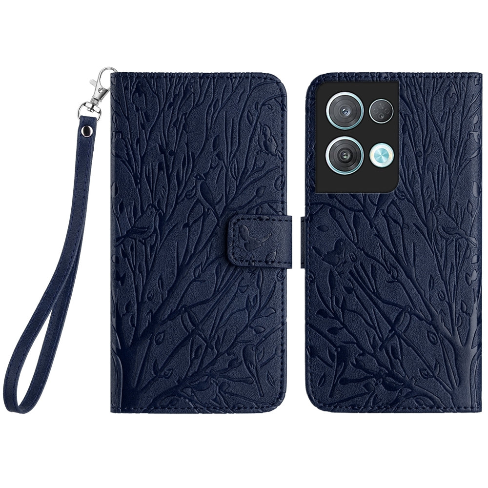 OPPO Reno8 Pro Embossed Leather Phone Case with Tree Birds Pattern, Hand Strap, Card Holder & Adjustable Stand - Shockproof Wallet Cover