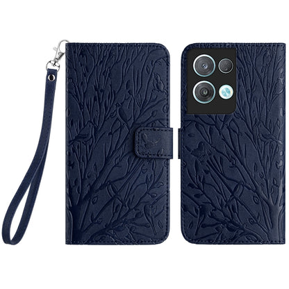 OPPO Reno8 Pro Embossed Leather Phone Case with Tree Birds Pattern, Hand Strap, Card Holder & Adjustable Stand - Shockproof Wallet Cover