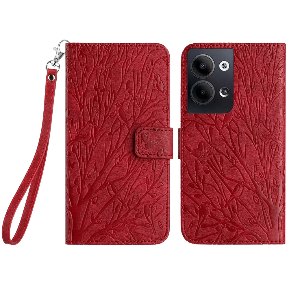OPPO Reno9/Reno9 Pro Embossed Leather Phone Case with Tree Birds Pattern, Hand Strap, Card Holder & Adjustable Stand - Shockproof Wallet Cover