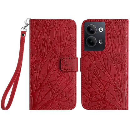 OPPO Reno9/Reno9 Pro Embossed Leather Phone Case with Tree Birds Pattern, Hand Strap, Card Holder & Adjustable Stand - Shockproof Wallet Cover