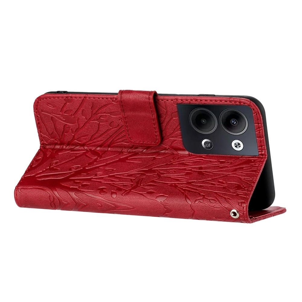 OPPO Reno9/Reno9 Pro Embossed Leather Phone Case with Tree Birds Pattern, Hand Strap, Card Holder & Adjustable Stand - Shockproof Wallet Cover