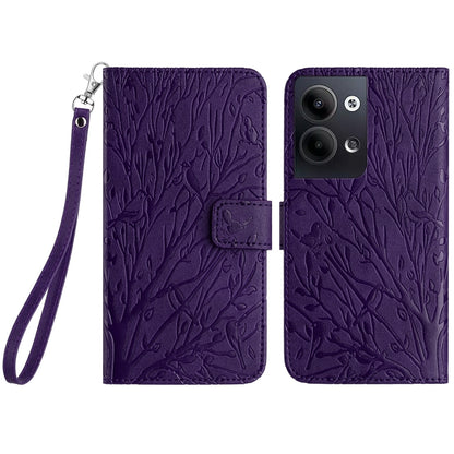 OPPO Reno9/Reno9 Pro Embossed Leather Phone Case with Tree Birds Pattern, Hand Strap, Card Holder & Adjustable Stand - Shockproof Wallet Cover