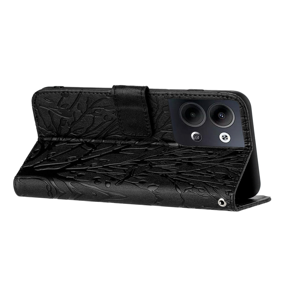 OPPO Reno9/Reno9 Pro Embossed Leather Phone Case with Tree Birds Pattern, Hand Strap, Card Holder & Adjustable Stand - Shockproof Wallet Cover