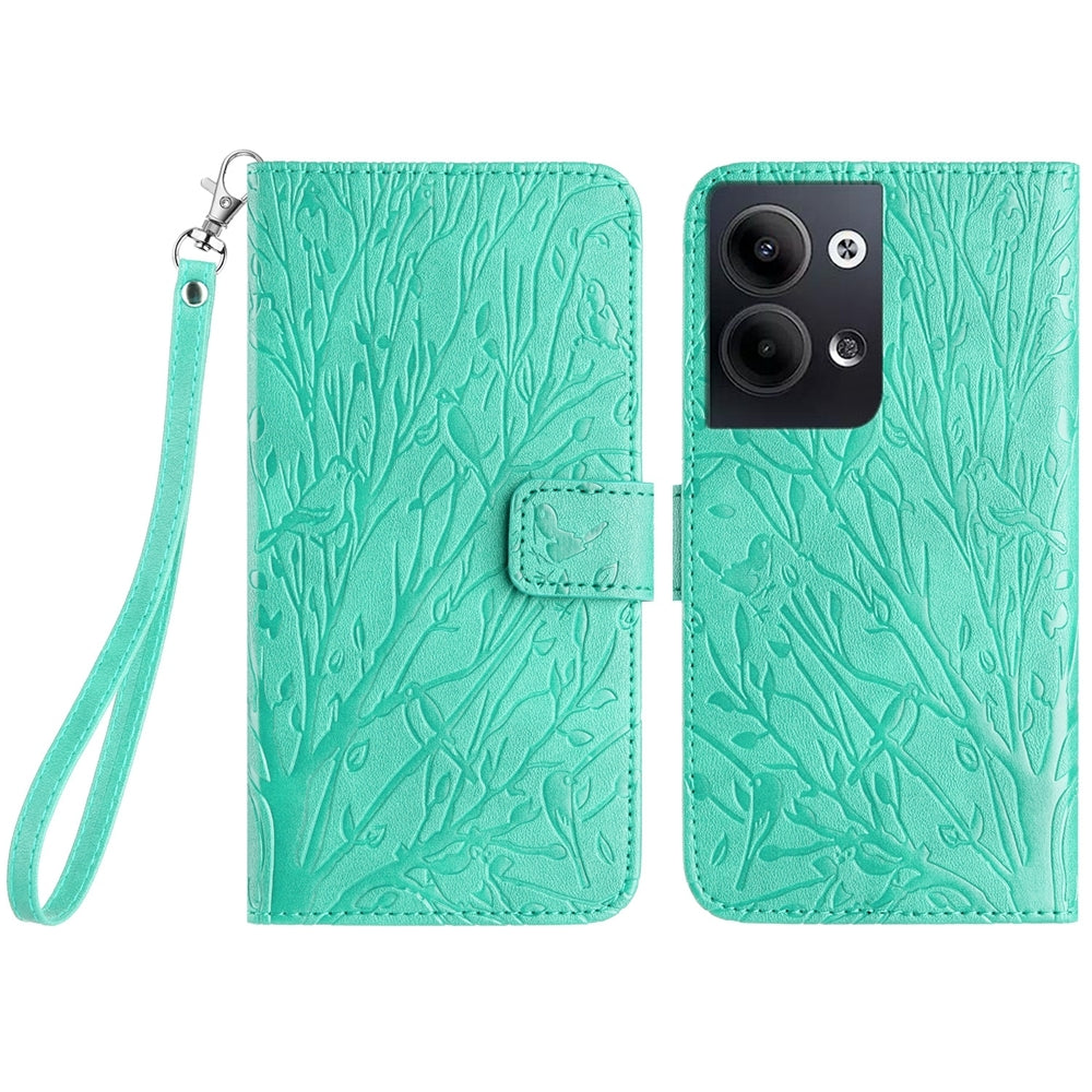 OPPO Reno9/Reno9 Pro Embossed Leather Phone Case with Tree Birds Pattern, Hand Strap, Card Holder & Adjustable Stand - Shockproof Wallet Cover