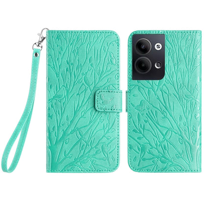 OPPO Reno9/Reno9 Pro Embossed Leather Phone Case with Tree Birds Pattern, Hand Strap, Card Holder & Adjustable Stand - Shockproof Wallet Cover