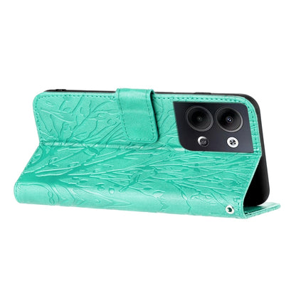 OPPO Reno9/Reno9 Pro Embossed Leather Phone Case with Tree Birds Pattern, Hand Strap, Card Holder & Adjustable Stand - Shockproof Wallet Cover