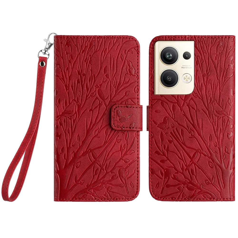 OPPO Reno9 Pro+ Embossed Leather Phone Case with Tree Birds Pattern, Hand Strap, Card Holder & Adjustable Stand - Shockproof Wallet Cover