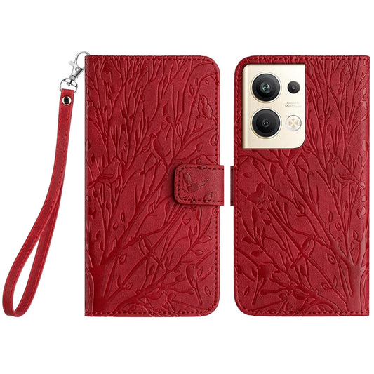 OPPO Reno9 Pro+ Embossed Leather Phone Case with Tree Birds Pattern, Hand Strap, Card Holder & Adjustable Stand - Shockproof Wallet Cover