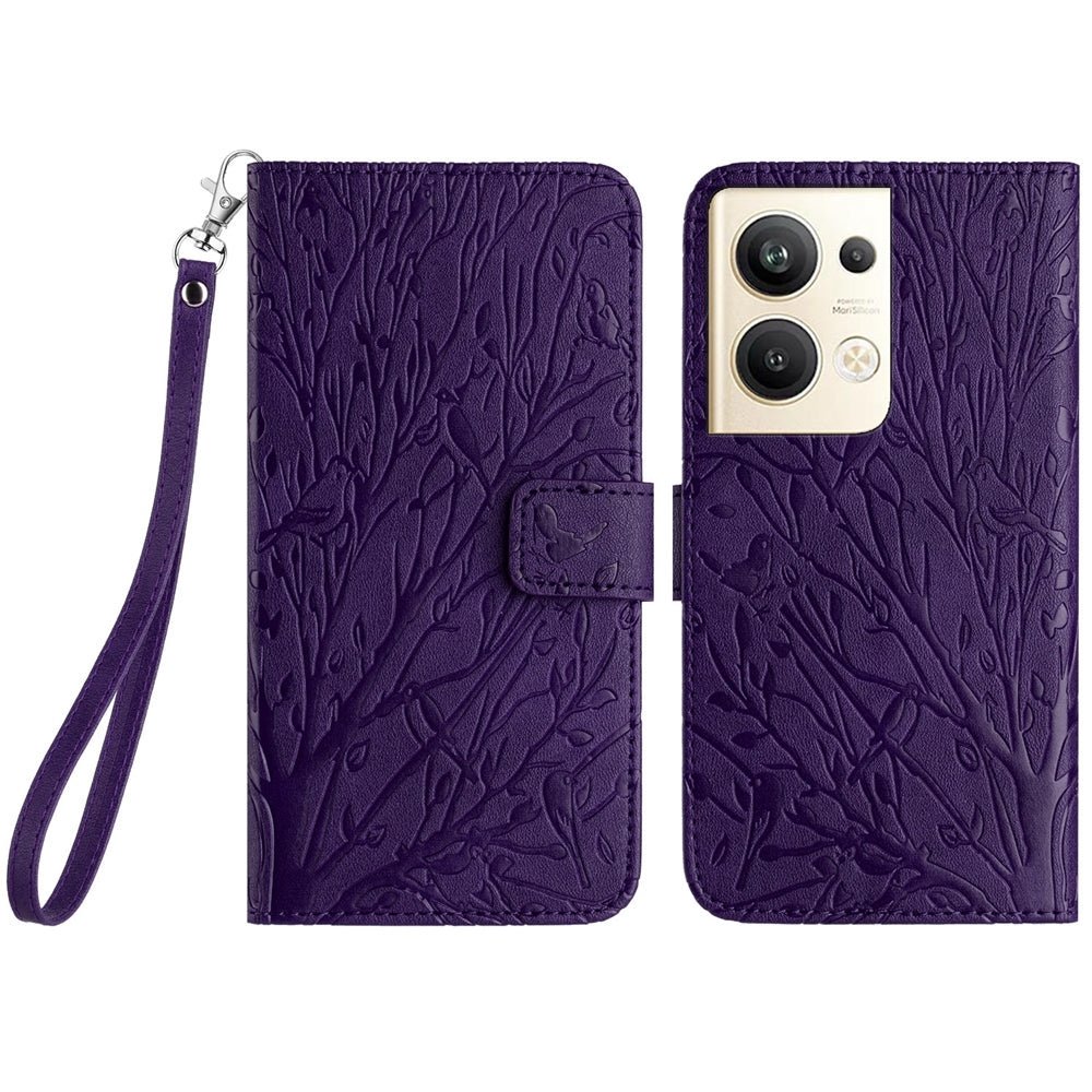 OPPO Reno9 Pro+ Embossed Leather Phone Case with Tree Birds Pattern, Hand Strap, Card Holder & Adjustable Stand - Shockproof Wallet Cover