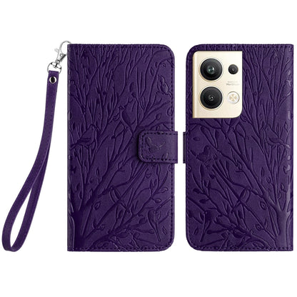 OPPO Reno9 Pro+ Embossed Leather Phone Case with Tree Birds Pattern, Hand Strap, Card Holder & Adjustable Stand - Shockproof Wallet Cover