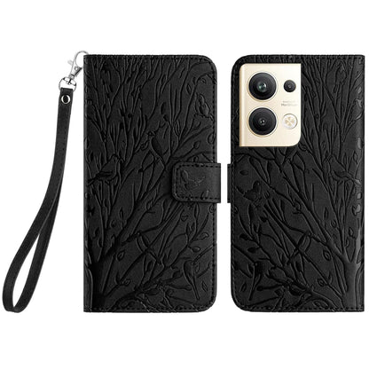 OPPO Reno9 Pro+ Embossed Leather Phone Case with Tree Birds Pattern, Hand Strap, Card Holder & Adjustable Stand - Shockproof Wallet Cover