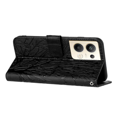 OPPO Reno9 Pro+ Embossed Leather Phone Case with Tree Birds Pattern, Hand Strap, Card Holder & Adjustable Stand - Shockproof Wallet Cover