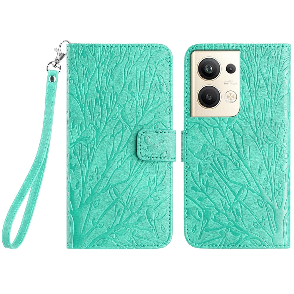 OPPO Reno9 Pro+ Embossed Leather Phone Case with Tree Birds Pattern, Hand Strap, Card Holder & Adjustable Stand - Shockproof Wallet Cover