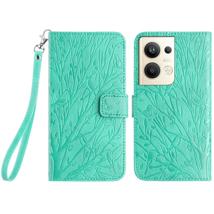 OPPO Reno9 Pro+ Embossed Leather Phone Case with Tree Birds Pattern, Hand Strap, Card Holder & Adjustable Stand - Shockproof Wallet Cover