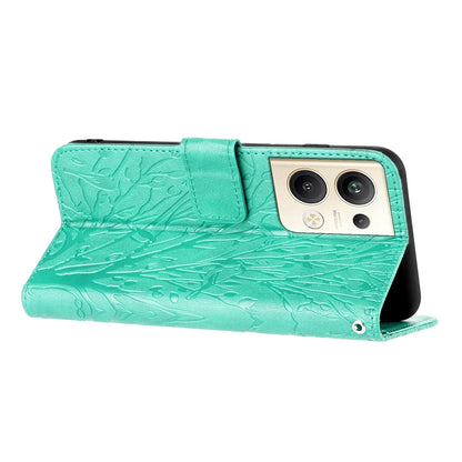 OPPO Reno9 Pro+ Embossed Leather Phone Case with Tree Birds Pattern, Hand Strap, Card Holder & Adjustable Stand - Shockproof Wallet Cover