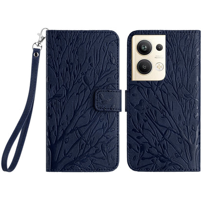 OPPO Reno9 Pro+ Embossed Leather Phone Case with Tree Birds Pattern, Hand Strap, Card Holder & Adjustable Stand - Shockproof Wallet Cover