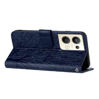 OPPO Reno9 Pro+ Embossed Leather Phone Case with Tree Birds Pattern, Hand Strap, Card Holder & Adjustable Stand - Shockproof Wallet Cover