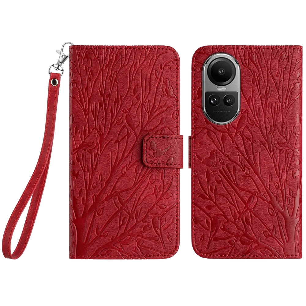 OPPO Reno10 Global Embossed Leather Phone Case with Tree Birds Pattern, Hand Strap, Card Holder & Adjustable Stand - Shockproof Wallet Cover