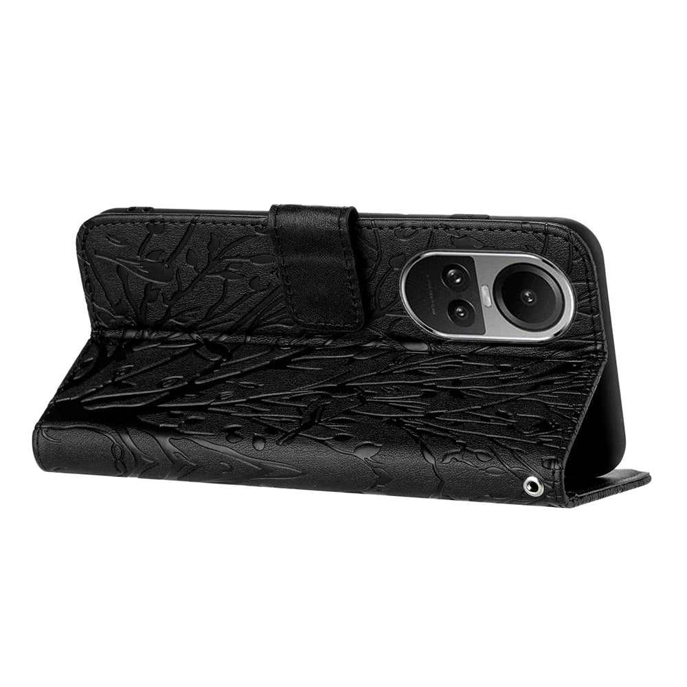 OPPO Reno10 Global Embossed Leather Phone Case with Tree Birds Pattern, Hand Strap, Card Holder & Adjustable Stand - Shockproof Wallet Cover