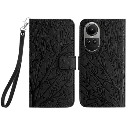 OPPO Reno10 Pro Global Embossed Leather Phone Case with Tree Birds Pattern, Hand Strap, Card Holder & Adjustable Stand - Shockproof Wallet Cover