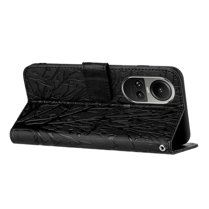 OPPO Reno10 Pro Global Embossed Leather Phone Case with Tree Birds Pattern, Hand Strap, Card Holder & Adjustable Stand - Shockproof Wallet Cover