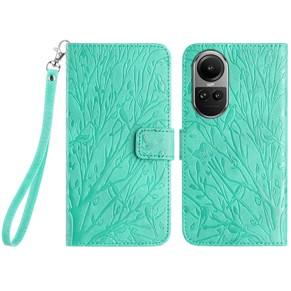 OPPO Reno10 Pro Global Embossed Leather Phone Case with Tree Birds Pattern, Hand Strap, Card Holder & Adjustable Stand - Shockproof Wallet Cover