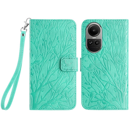 OPPO Reno10 Pro Global Embossed Leather Phone Case with Tree Birds Pattern, Hand Strap, Card Holder & Adjustable Stand - Shockproof Wallet Cover