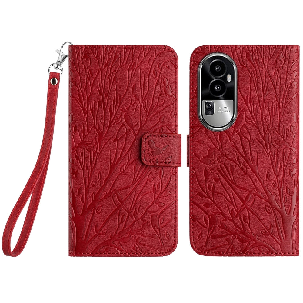 OPPO Reno10 Pro+ Embossed Leather Phone Case with Tree Birds Pattern, Hand Strap, Card Holder & Adjustable Stand - Shockproof Wallet Cover