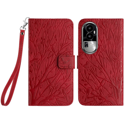 OPPO Reno10 Pro+ Embossed Leather Phone Case with Tree Birds Pattern, Hand Strap, Card Holder & Adjustable Stand - Shockproof Wallet Cover