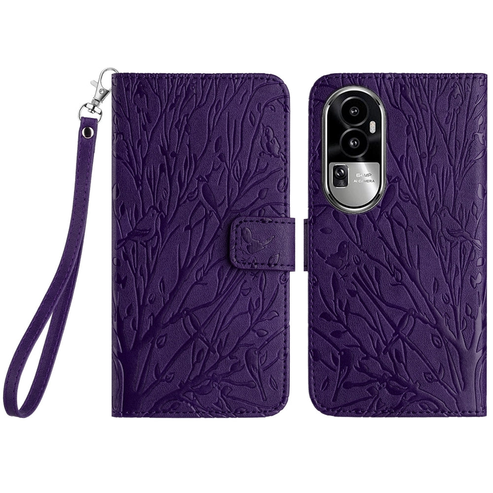OPPO Reno10 Pro+ Embossed Leather Phone Case with Tree Birds Pattern, Hand Strap, Card Holder & Adjustable Stand - Shockproof Wallet Cover