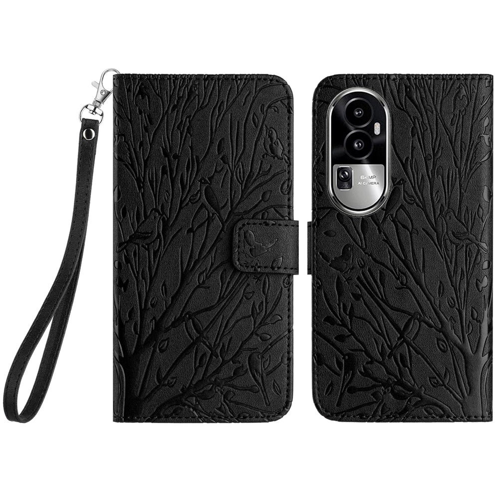 OPPO Reno10 Pro+ Embossed Leather Phone Case with Tree Birds Pattern, Hand Strap, Card Holder & Adjustable Stand - Shockproof Wallet Cover