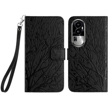 OPPO Reno10 Pro+ Embossed Leather Phone Case with Tree Birds Pattern, Hand Strap, Card Holder & Adjustable Stand - Shockproof Wallet Cover