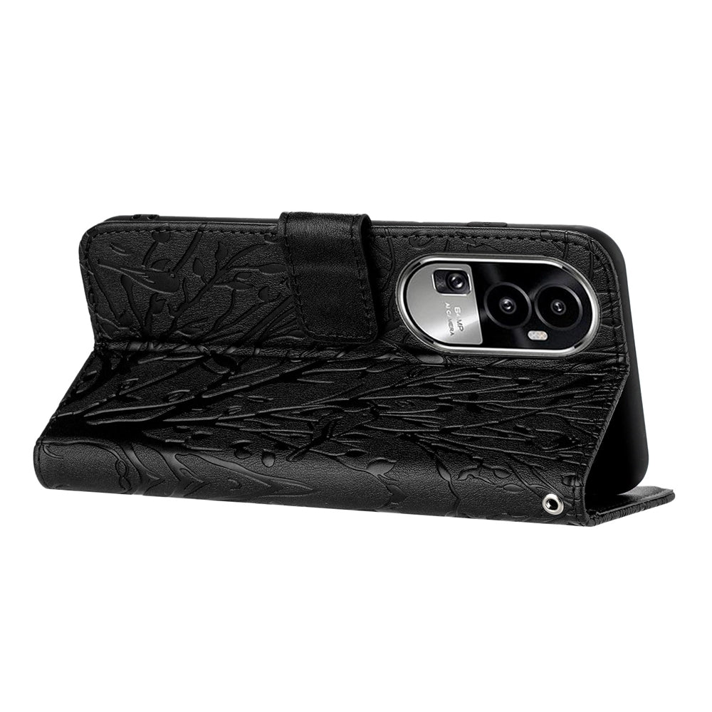 OPPO Reno10 Pro+ Embossed Leather Phone Case with Tree Birds Pattern, Hand Strap, Card Holder & Adjustable Stand - Shockproof Wallet Cover