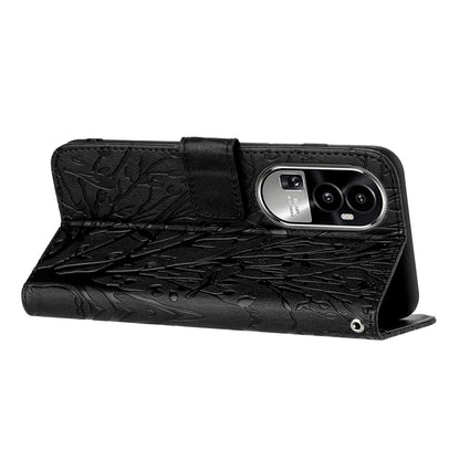 OPPO Reno10 Pro+ Embossed Leather Phone Case with Tree Birds Pattern, Hand Strap, Card Holder & Adjustable Stand - Shockproof Wallet Cover