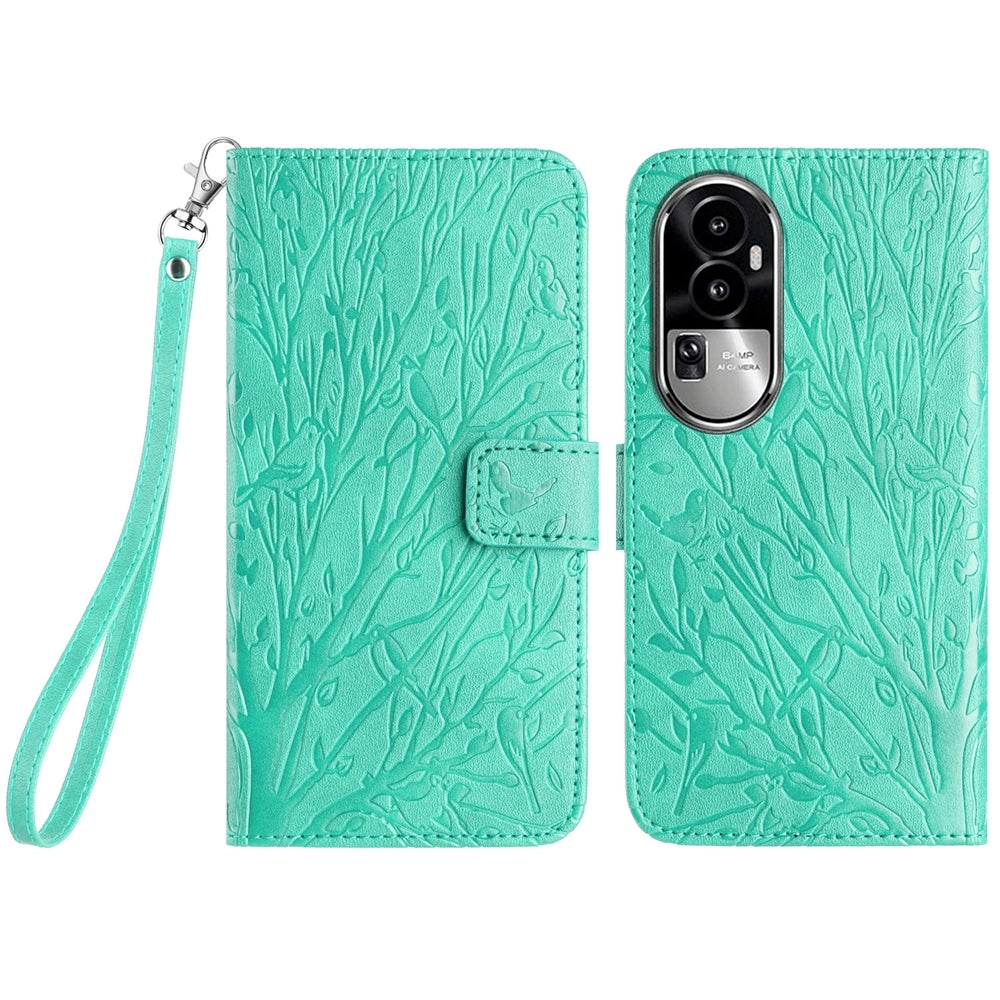 OPPO Reno10 Pro+ Embossed Leather Phone Case with Tree Birds Pattern, Hand Strap, Card Holder & Adjustable Stand - Shockproof Wallet Cover