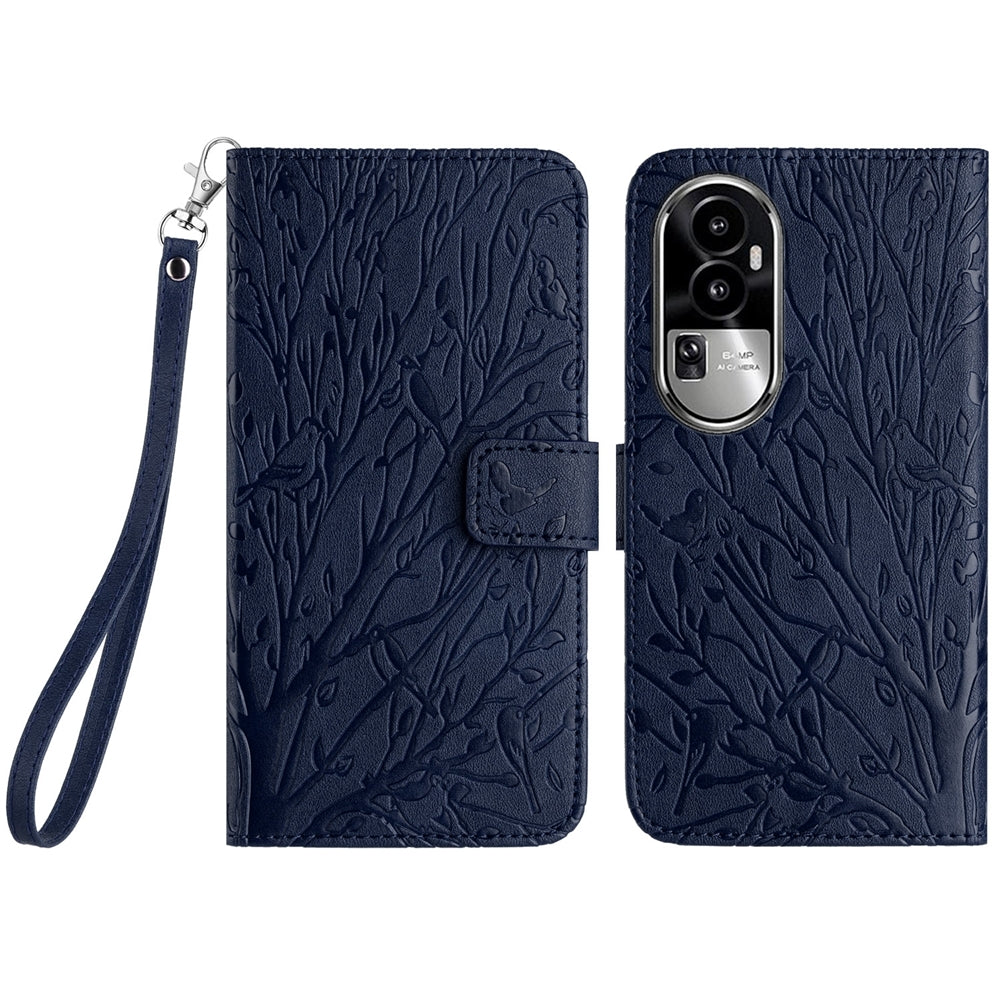 OPPO Reno10 Pro+ Embossed Leather Phone Case with Tree Birds Pattern, Hand Strap, Card Holder & Adjustable Stand - Shockproof Wallet Cover