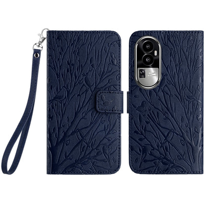 OPPO Reno10 Pro+ Embossed Leather Phone Case with Tree Birds Pattern, Hand Strap, Card Holder & Adjustable Stand - Shockproof Wallet Cover