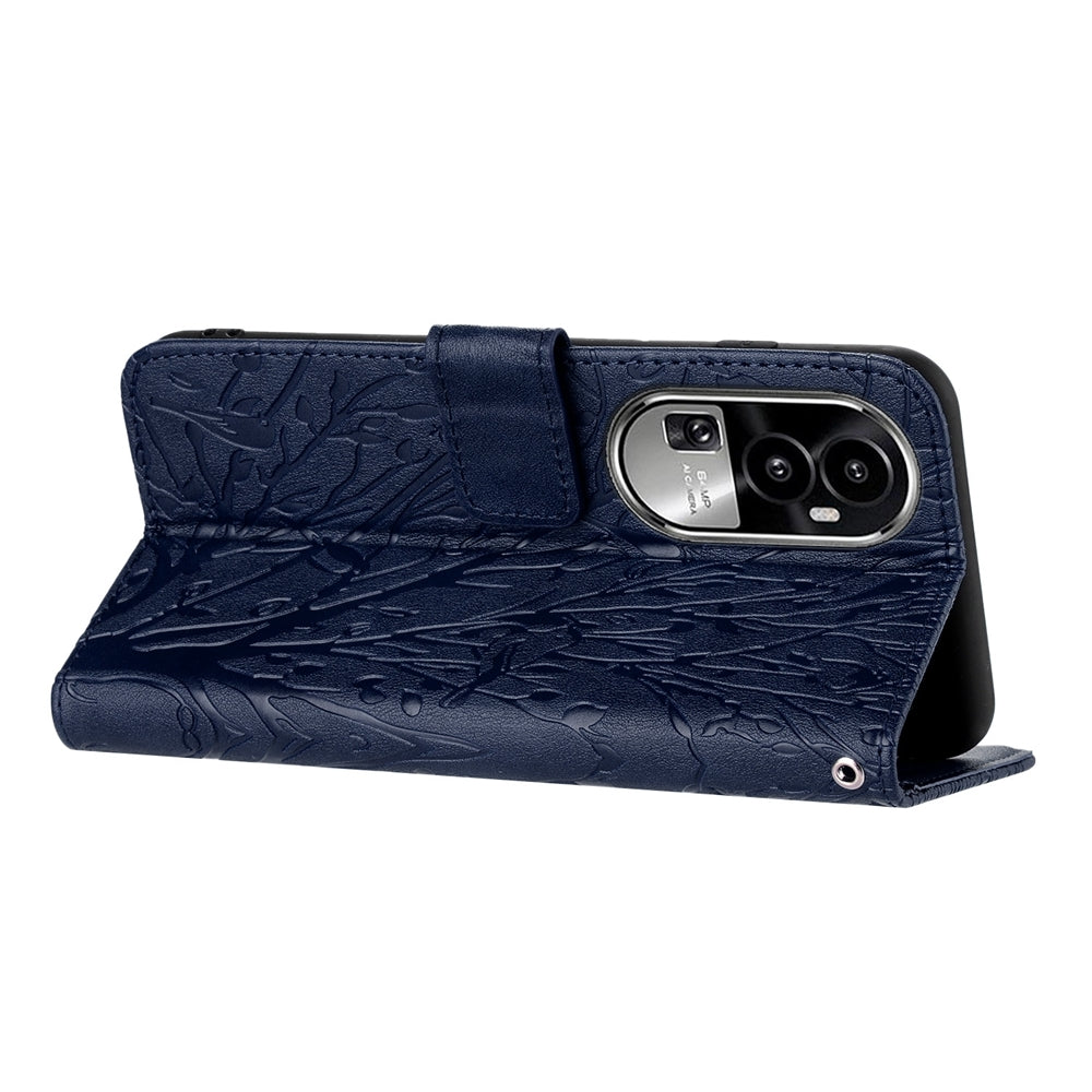 OPPO Reno10 Pro+ Embossed Leather Phone Case with Tree Birds Pattern, Hand Strap, Card Holder & Adjustable Stand - Shockproof Wallet Cover