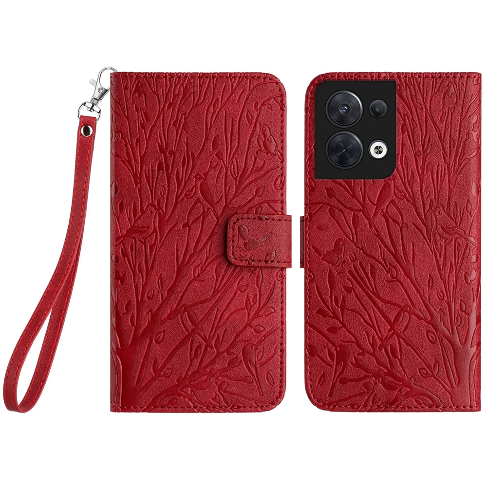 OPPO Reno8 Embossed Leather Phone Case with Tree Birds Pattern, Hand Strap, Card Holder & Adjustable Stand - Shockproof Wallet Cover