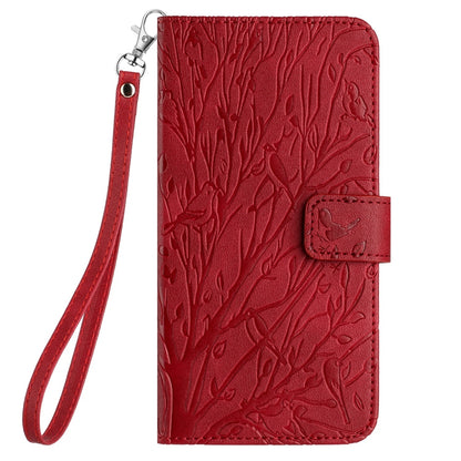 OPPO Reno8 Embossed Leather Phone Case with Tree Birds Pattern, Hand Strap, Card Holder & Adjustable Stand - Shockproof Wallet Cover
