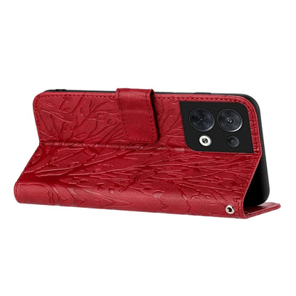 OPPO Reno8 Embossed Leather Phone Case with Tree Birds Pattern, Hand Strap, Card Holder & Adjustable Stand - Shockproof Wallet Cover