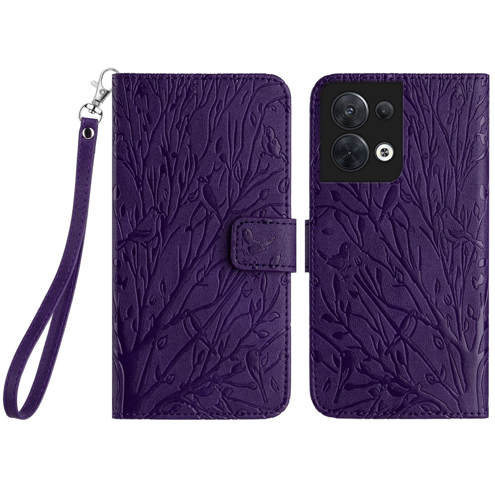 OPPO Reno8 Embossed Leather Phone Case with Tree Birds Pattern, Hand Strap, Card Holder & Adjustable Stand - Shockproof Wallet Cover