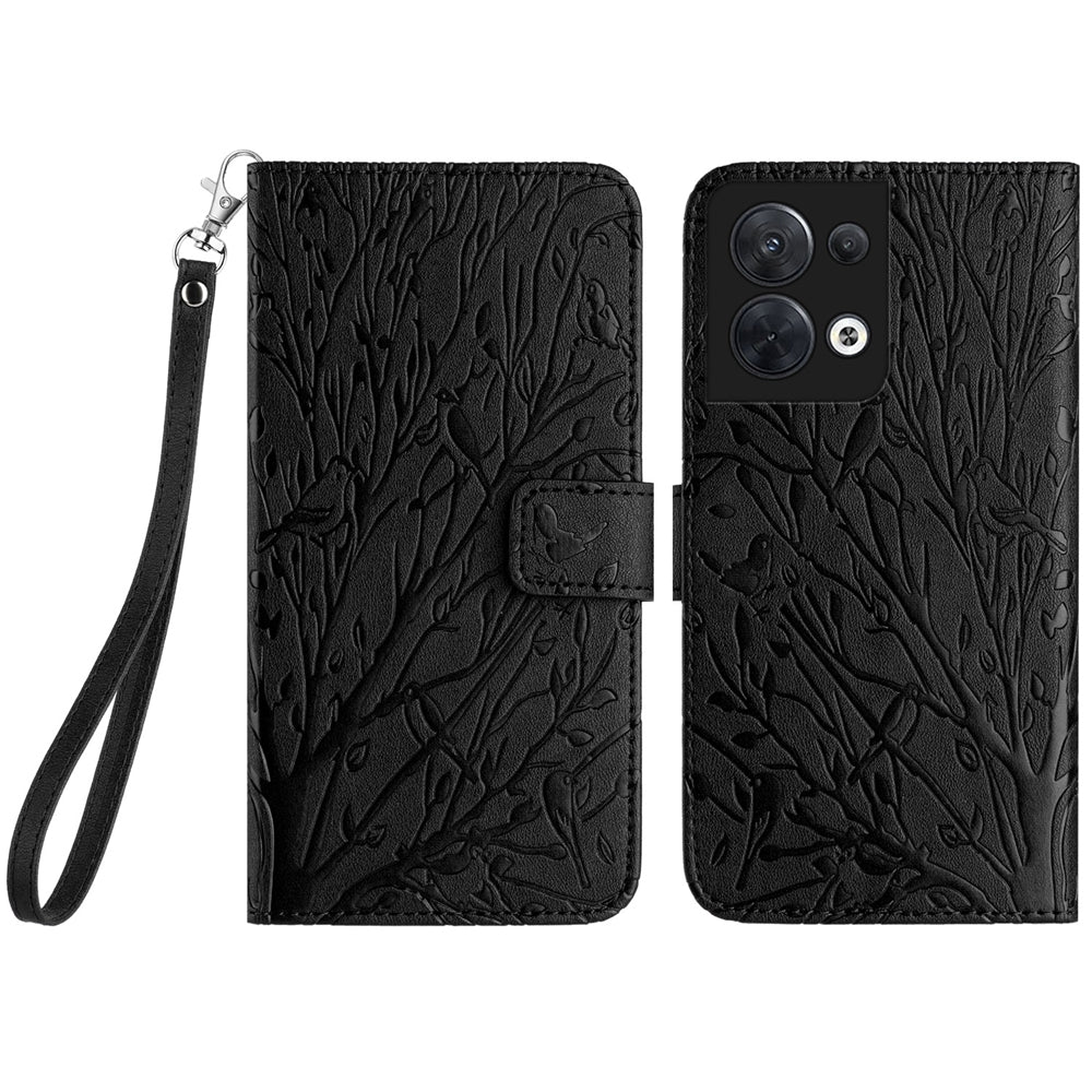 OPPO Reno8 Embossed Leather Phone Case with Tree Birds Pattern, Hand Strap, Card Holder & Adjustable Stand - Shockproof Wallet Cover