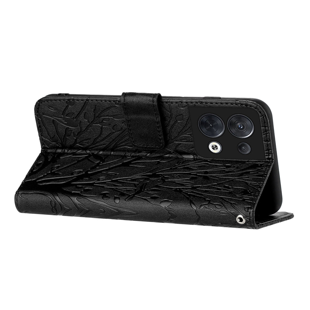 OPPO Reno8 Embossed Leather Phone Case with Tree Birds Pattern, Hand Strap, Card Holder & Adjustable Stand - Shockproof Wallet Cover